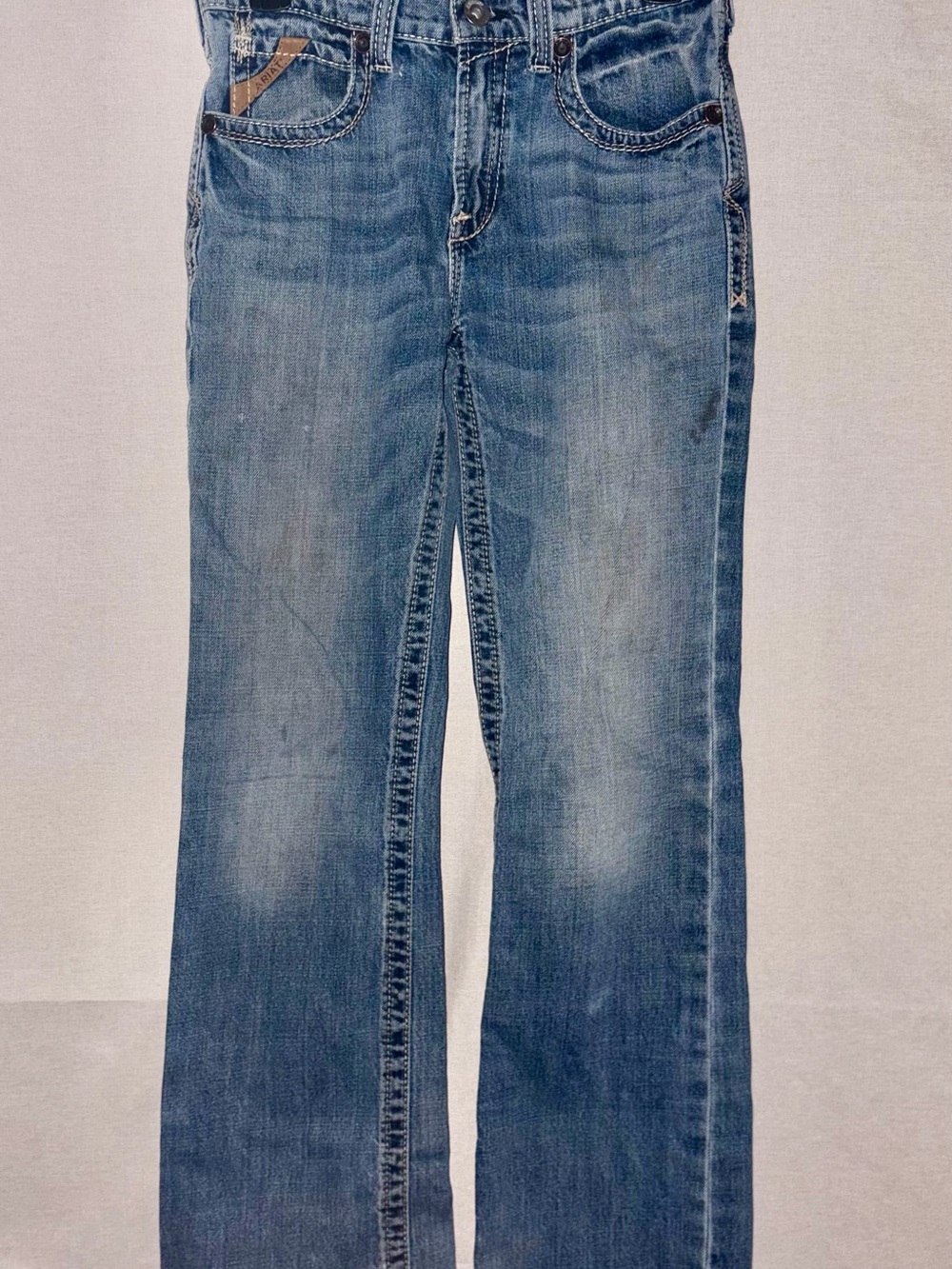Ariat B4 Relaxed Jeans Size 14 (28”)Blue Distressed Western Y2K Contrast Stitch